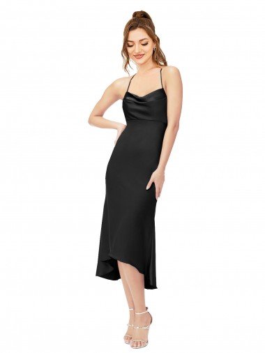 Open Back Silky Satin Cowl Neck Midi Length Sleeveless High Low Evening Dress UK for Sale